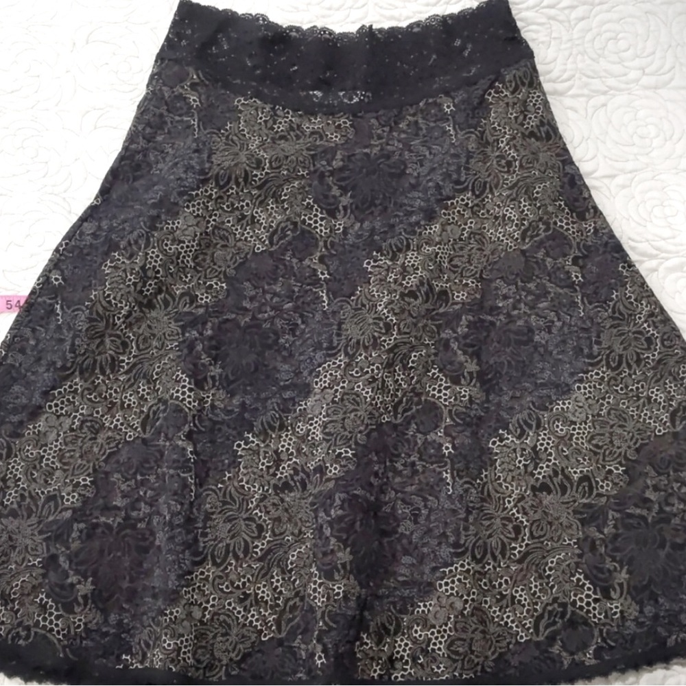 CAbi Skirt with Lace Overlay, Black with Floral Pattern, Medium, EUC (CL-3)